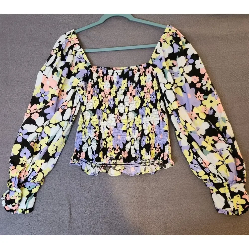 Free People Ariana Top Sz‎ S Boho Floral Smocked Ruffle Puff Long Sleeve NWOT